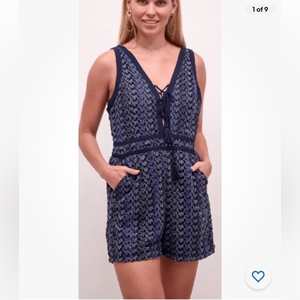 Greylin Anthropologie Navy Crochet Sleeveless Tied Front Shorts Romper Size S